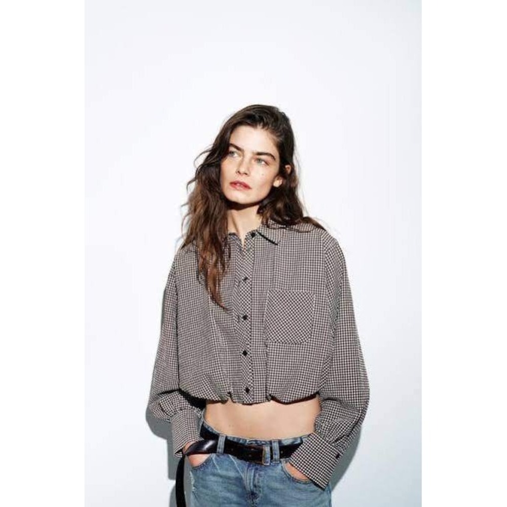 Zara Womens Brown Gingham Cropped Puffed Balloon Hem Cotton Shirt M 100% Cotton